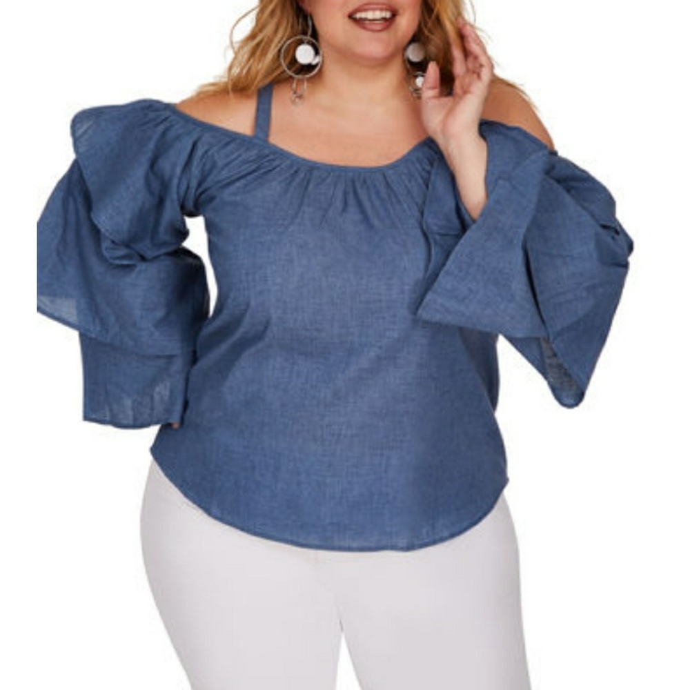 Cold shoulder blue jean shirt